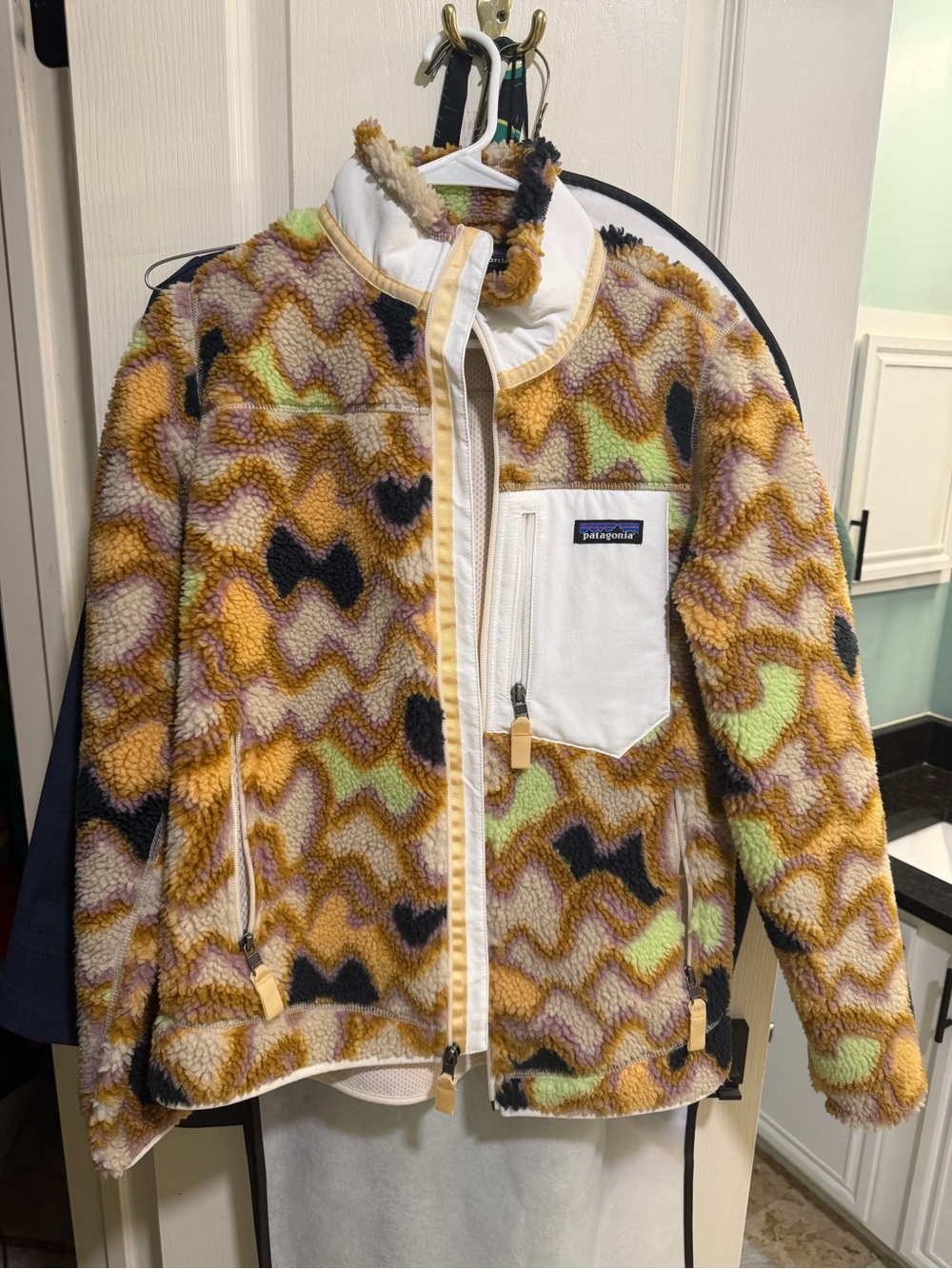 Patagonia Kids Puffer-Style Fleece Jacket in Mustard, Black & Lime